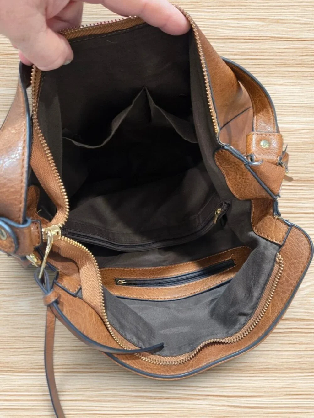 Brown Faux Leather Hobo Crossbody Bag Slouchy Shoulder Purse Zipper Pockets
